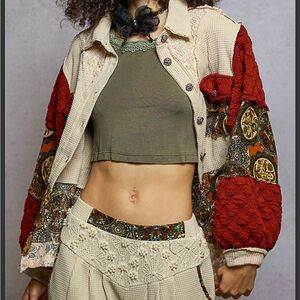 POL Thermal Quilted Bohemian Patchwork Pearl & lace Brick Red and Cream shacket